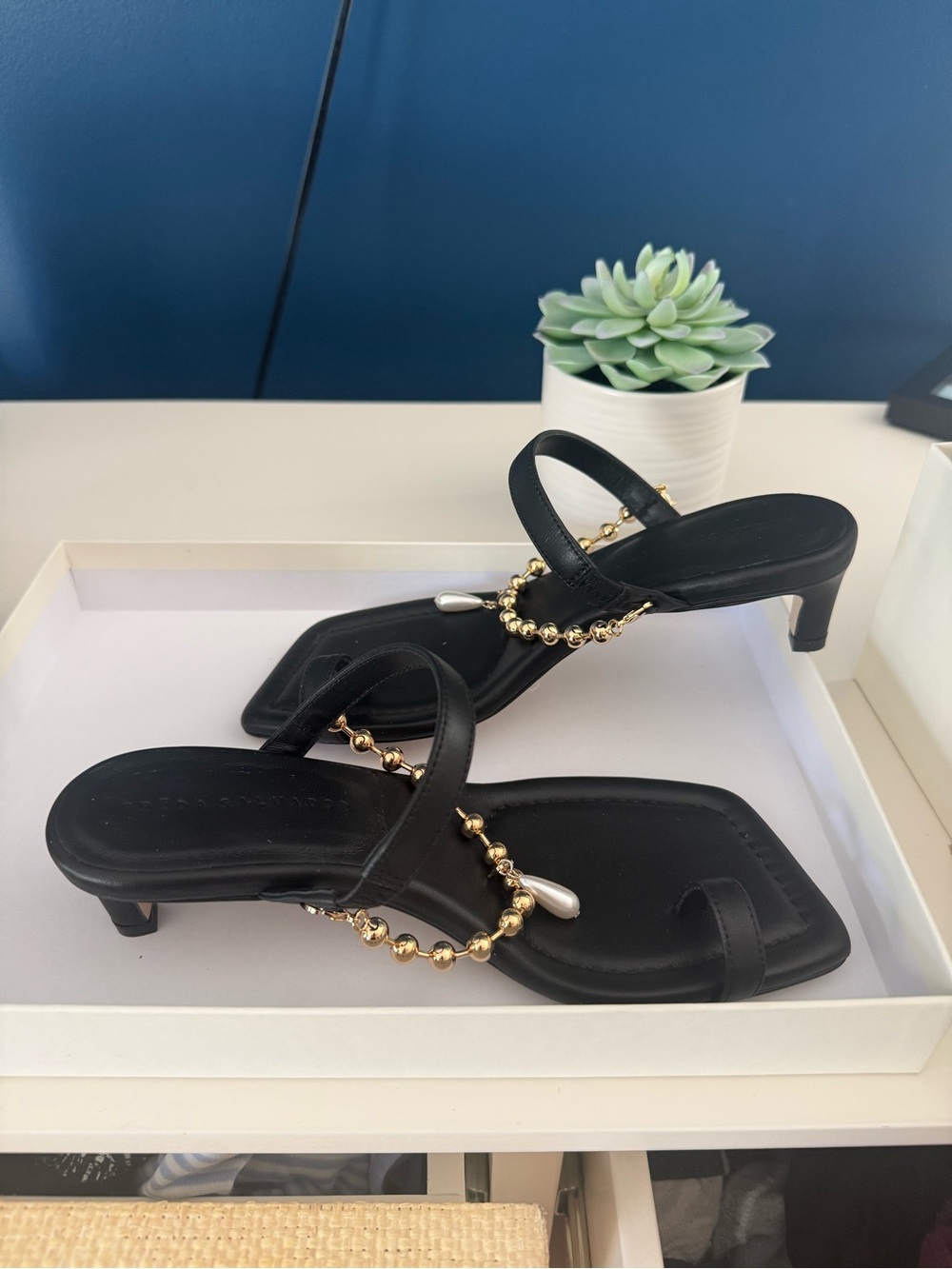 Freda Salvador Black Mid-Heel Sandals with Gold Bead Detail